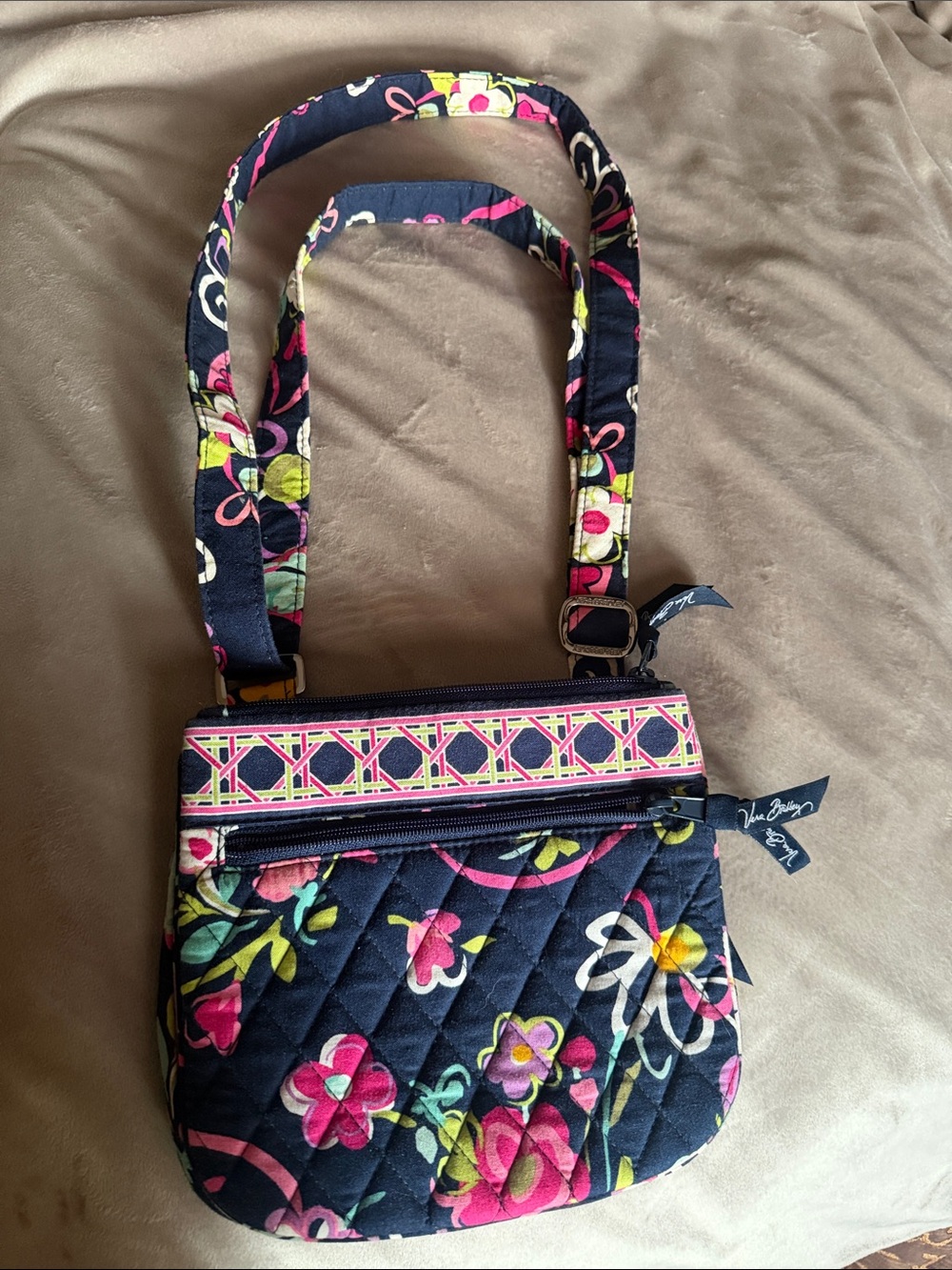 Vera Bradley Navy Quilted Crossbody with Pink & Green Floral